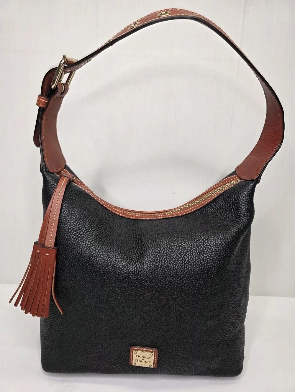 Dooney & Bourke Black Pebbled Leather Hobo Bag Tassel Shoulder Purse